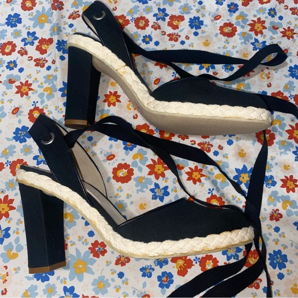 Marc Jacobs Black Linen High Heel Espadrilles with Ankle Wrap Size 6.5 Slingback - Picture 11 of 16